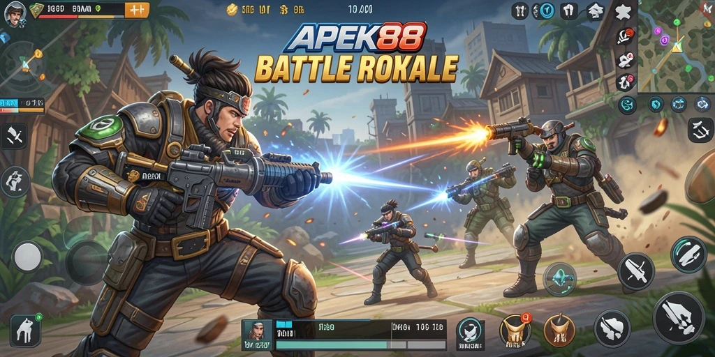 Screenshot gameplay APEK88 menampilkan pertempuran intens di peta luas.