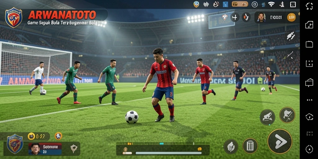 Screenshot gameplay ARWANATOTO dengan aksi sepak bola yang mendebarkan.