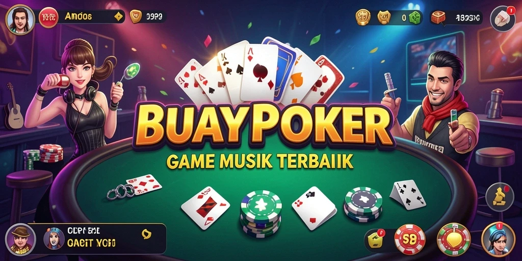 Screenshot gameplay BUAYAPOKER menampilkan antarmuka pengguna dan koleksi musik.