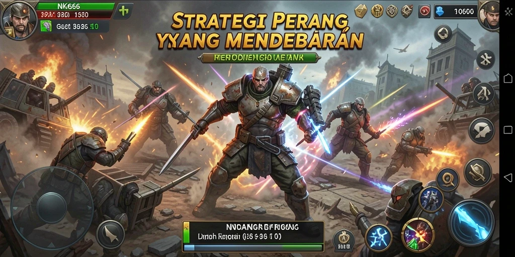 Tangkapan layar NK666 menampilkan aksi strategi intens dengan unit yang sedang berperang.
