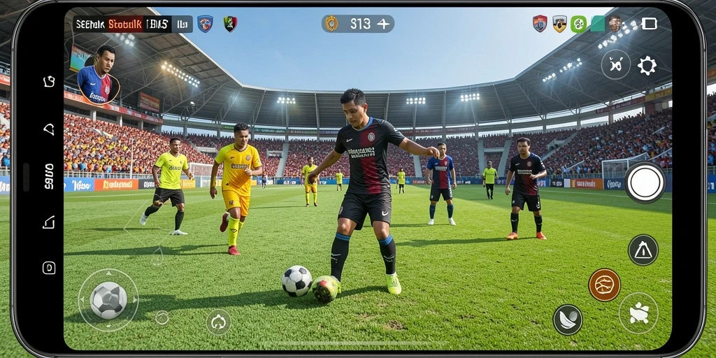 Tangkapan layar S13 menampilkan pertandingan sepak bola yang mendebarkan dengan grafis menawan.