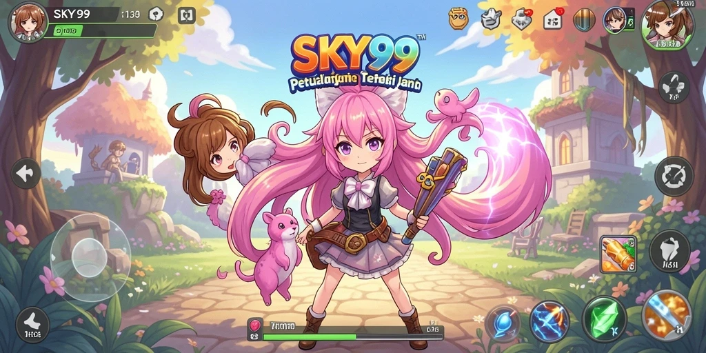 Screenshot utama SKY99 memperlihatkan aksi pertarungan karakter anime yang menegangkan.